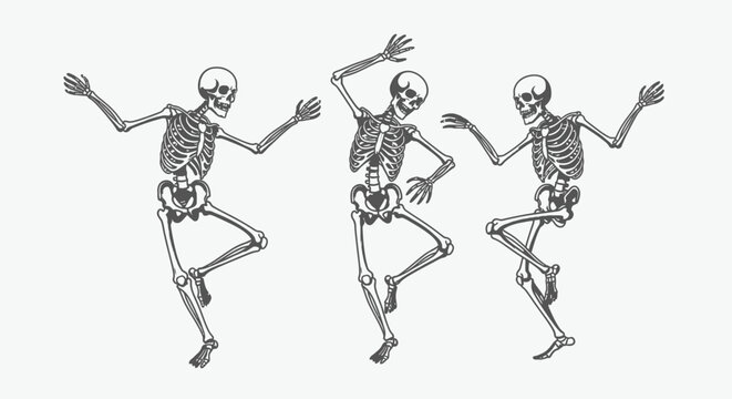 Three dancing skeletons in various dynamic poses, illustrating a fun and spooky theme.