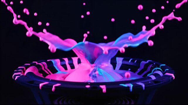 Colorful pink and blue fluorescent paint jumping and splashing on a stereo speaker membrane due to sound waves. Hypnotic macro shot of a liquid dancing to the rhythm of loud music