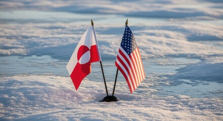 Greenland and United States Desk Flags on Arctic Ice