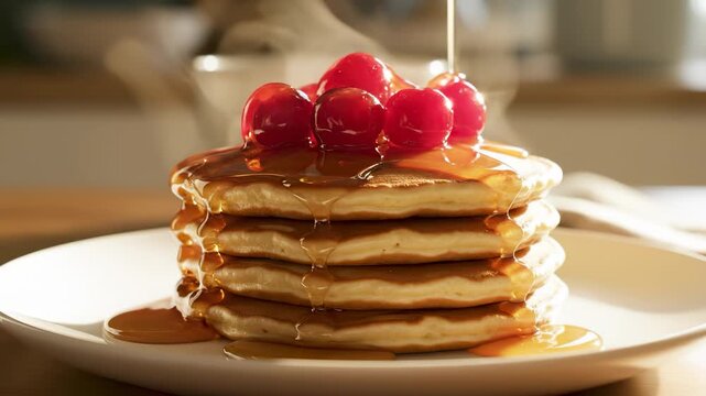 The image shows a stack of pancakes with syrup and cherries on top. The pancakes and syrup create a classic breakfast scene featuring sweet and delicious elements.