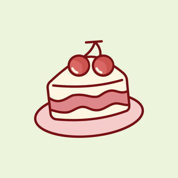 A charming hand drawn illustration of a white cake slice topped with two red cherries on a pink plate. Perfect for bakery logos, cafe menus, and stickers.