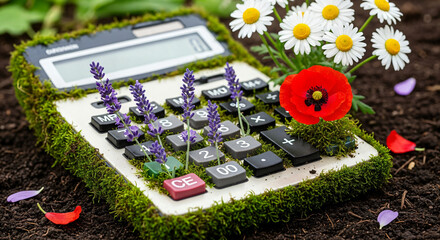 Calculator covered in moss and flowers, representing eco-friendly finance