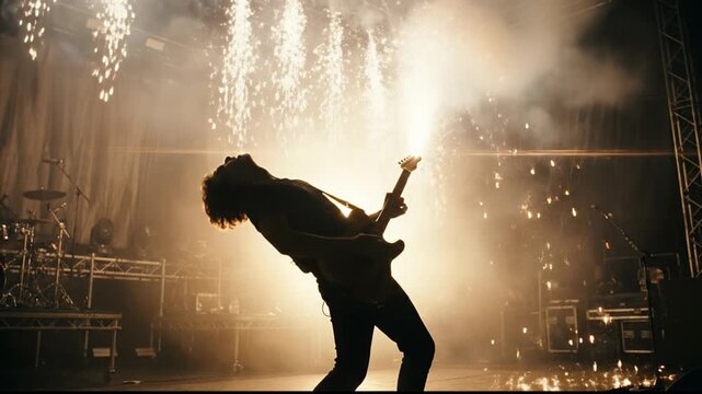 Silhouette of a passionate rockstar playing an electric guitar during a live music festival, with spectacular pyrotechnics and stage lights creating an electrifying and energetic atmosphere