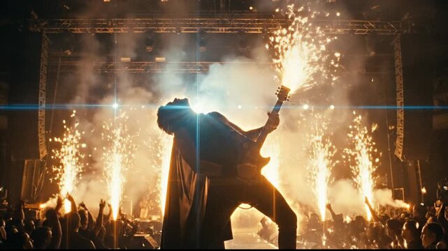 Spectacular cinematic slow motion view of a rock star playing electric guitar during a live concert, with impressive pyrotechnics, sparks, and smoke filling the stage in front of a cheering crowd
