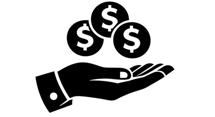 Money coins falling into open hand, finance icon, vector illustration