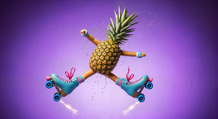 Pineapple with arms and legs on roller skates, dynamic and fun movement