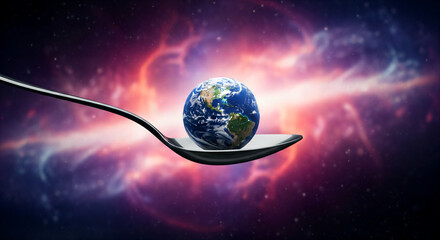 Planet Earth on a spoon, representing global consumption or world in hand