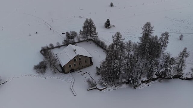 Aerial view of a snow-covered landscape, showcasing a quaint house encircled by trees next to a frozen lake, Sils im Engadin/Segl, Grigioni, Switzerland.