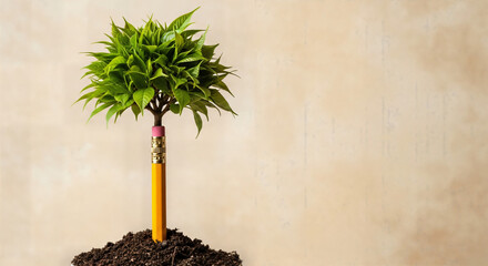 Pencil growing green leaves, symbolizing growth in education and knowledge