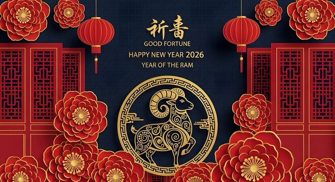 Chinese New Year 2026 Year of the Ram Celebration with Red and Gold Decorations