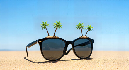 Sunglasses on a beach with tiny palm trees on sand, symbolizing vacation