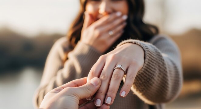 Surprised Woman Reacting with Joy to a Marriage Proposal as a Man Slides a Diamond Ring on Her Finger