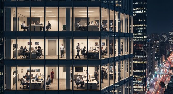Modern workplace activity late at night depicts bustling offices inside city skyscraper building .