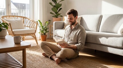 Relaxed young man reading a book at home while sitting on the floor in a cozy sunlit living room