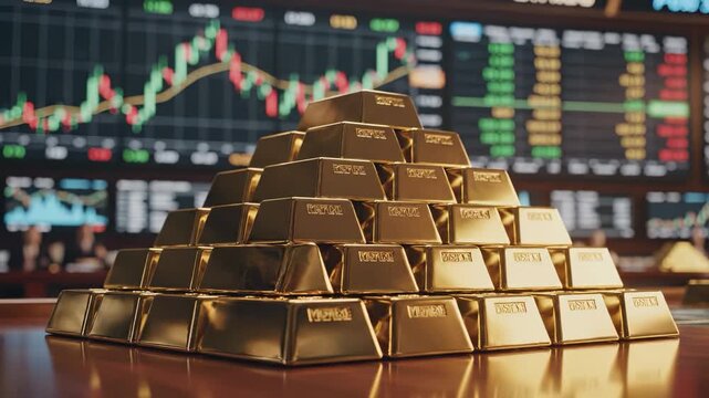 The image features a large stack of gold bars, symbolizing wealth and investment. Behind the gold bars, stock market graphs indicate fluctuations in prices and trends.