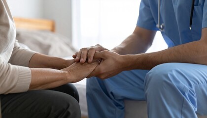 Obraz premium Healthcare professional offering comfort and support to a patient in a serene hospital room setting from a close-up viewpoint