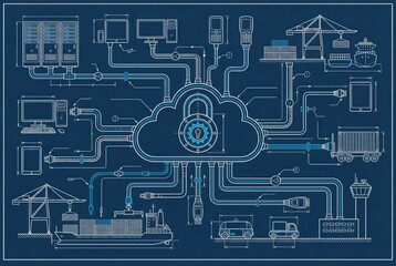 Cloud Computing Architecture Blueprint Illustrating Secure Data Flow and Connectivity with Logistics Systems and Advanced Communication Networks