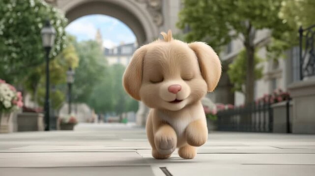 Cute 3D Cartoon Puppy Walking in Peaceful Paris Park