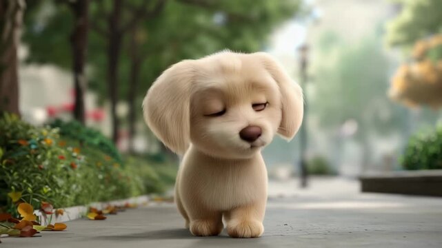 Cute 3D Cartoon Puppy Walking in Peaceful Paris Park