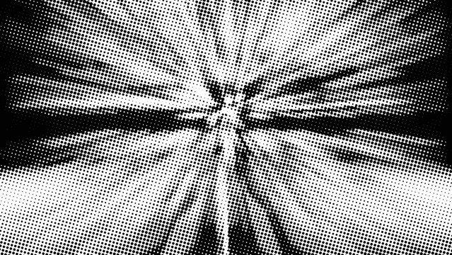 Abstract halftone pop art background with monochrome dotted radial rays and comic book style burst for expressive retro posters and creative media