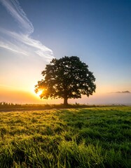 Fototapeta premium Silhouette of a large tree silhouetted against a sunrise sky
