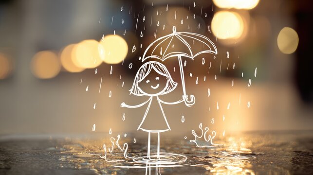 Cute Hand Drawn Child with Umbrella Standing in Rain Over Warm Bokeh Background