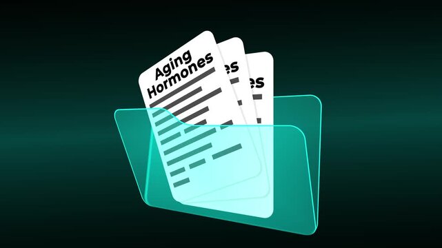 Aging Hormones Medical Research Folder, Gerontology Patient Records and Hormonal Longevity Analysis, Anti-Aging Clinical Documentation in Blue Case