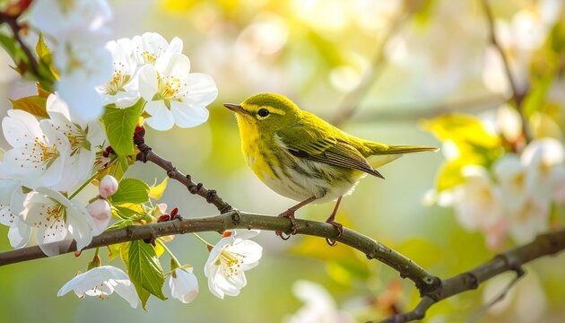 桜の木に止まる鶯。AIで生成