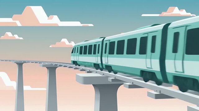 Modern train on elevated track under stylized sky illustration