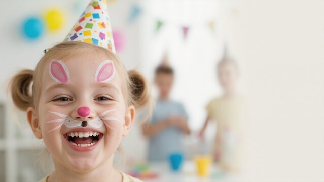Laughing girl with bunny face paint and party hat. Happy child celebrating Easter or birthday. Close up portrait