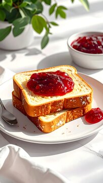 Stacked toast slices with red jam on a plate, side jam bowl