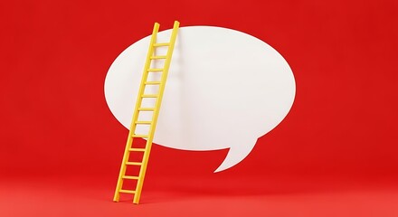 A yellow ladder leans against a large white speech bubble on a red background.