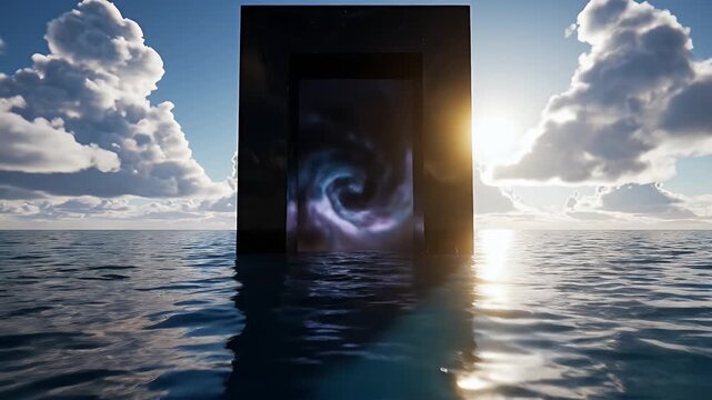 A solitary dark rectangular doorway frame rises from the vast ocean at sunset, creating a surreal seascape