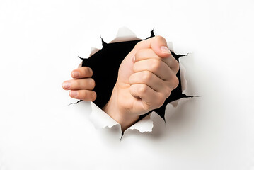 Hands breaking through a torn paper surface with a strong gesture.