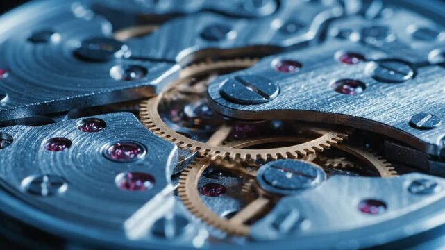 Close-up of intricate clockwork mechanism, revealing brass gears, ruby jewels, and metal components. Precision engineering and mechanical beauty.