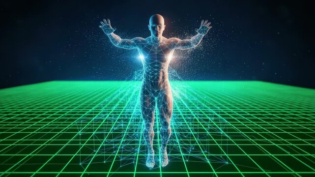 Abstract digital human figure with outstretched arms on a grid pattern background representing technology and science