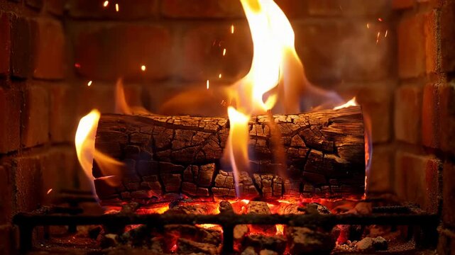 Burning wood logs in fireplace. Warm cozy fire background with sparks.
