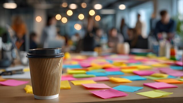 Busy office desk covered in colorful sticky notes features a paper coffee cup in front of people working in a soft-focus creative setting.