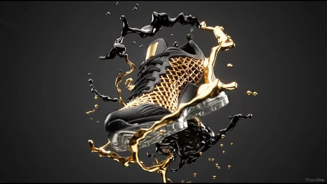 Luxurious black and gold athletic shoe floating and rotating amidst dynamic splashes of black and golden liquid, showcased against a sleek, dark background for a premium product presentation