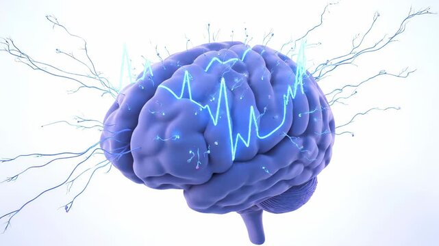 Dynamic animation of a human brain showing complex neural activity and electrical signals on a white background.