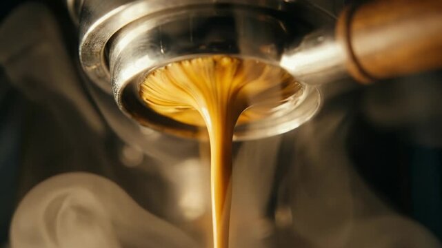Fragrant hot espresso pouring from a coffee machine's bottomless portafilter, with rich crema and rising steam creating a warm, inviting atmosphere for a perfect morning beverage