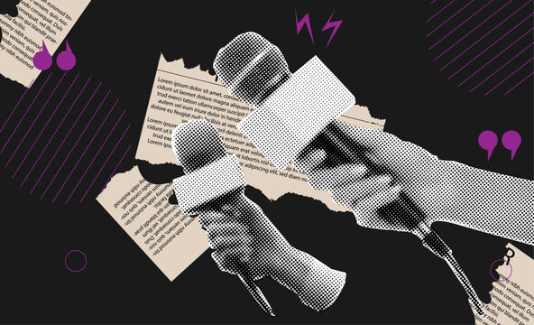 Halftone collage of Two Hands Holding Interview Microphones with Blank Nameplates and Torn Paper Text Elements on a Black and Purple Graphic Background Representing Media, Journalism, and Communicatio