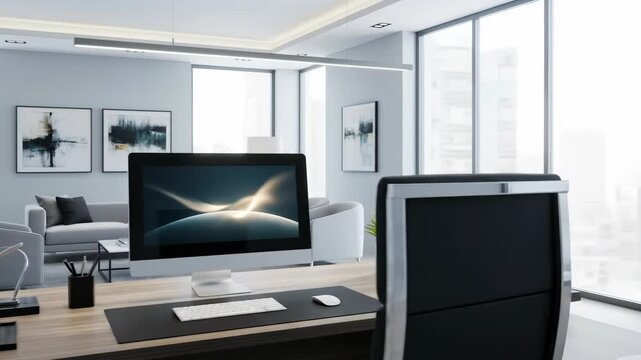 Modern office interior with desk, computer, and lounge area, transitioning through different perspectives showcasing contemporary workspace design.