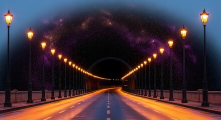 Fototapeta premium Empty Bridge at Night with Streetlights.