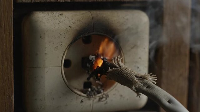 An old electrical outlet with a burning, frayed power cord, creating a dangerous short circuit and fire hazard with smoke.