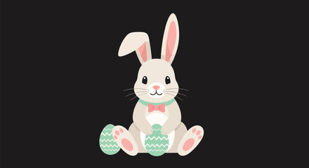 Obraz premium Cute cartoon easter bunny character sitting down while holding a decorative painted egg against a plain dark background for holiday design