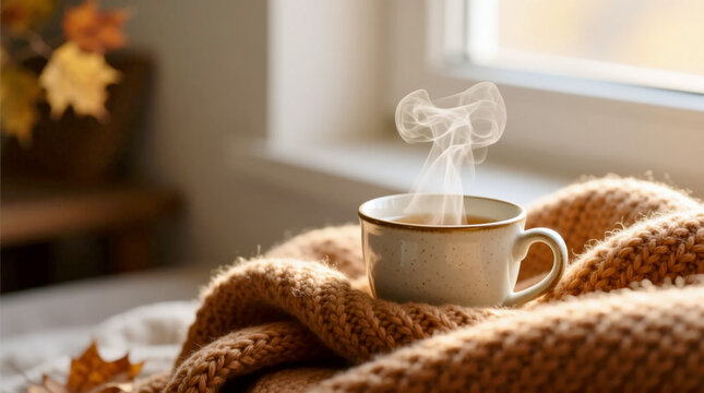 Close-up of warm autumn ritual indoors steaming cup of tea on knit blanket by window evoking serene slow living lifestyle for seasonal marketing and cozy fall campaign