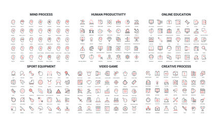 Collection of modern line icons covering mind process, human productivity, online education, sport equipment, video game, creative process, isolated vector illustration © lembergvector