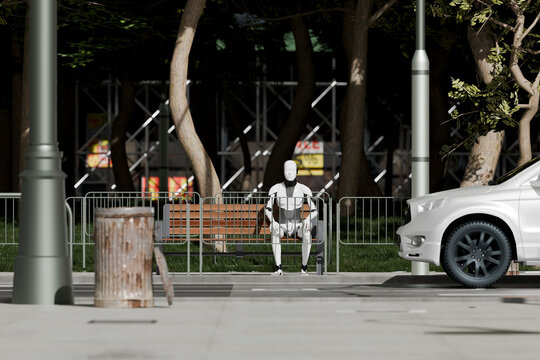 3D robot on bench in urban scene with natural light