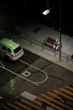 3D robot sitting on bench seen from elevated top angle